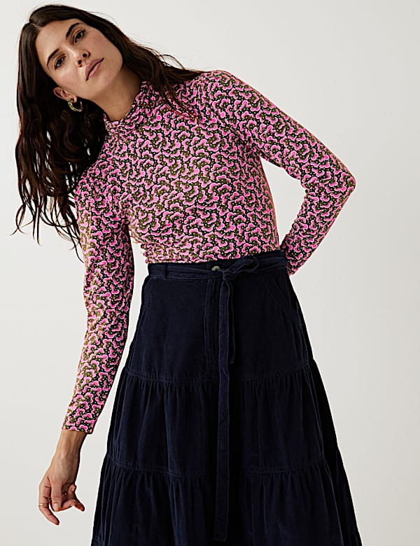 Jersey Floral Funnel Neck Long Sleeve Top