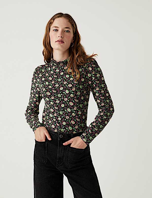 Jersey Floral Funnel Neck Long Sleeve Top