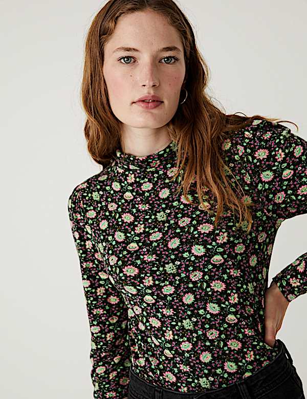 Jersey Floral Funnel Neck Long Sleeve Top