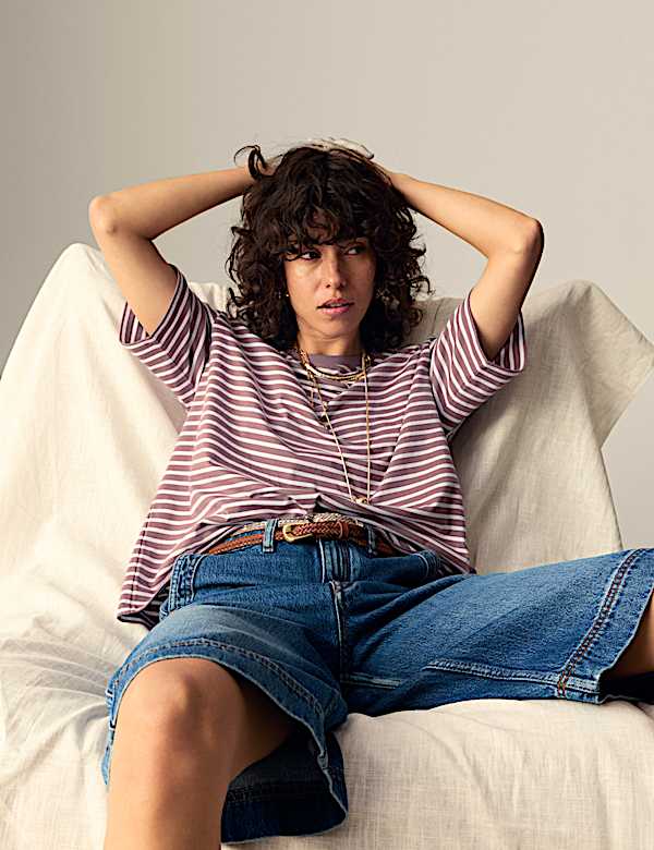Pure Cotton Striped Oversized Boxy T-Shirt - PL