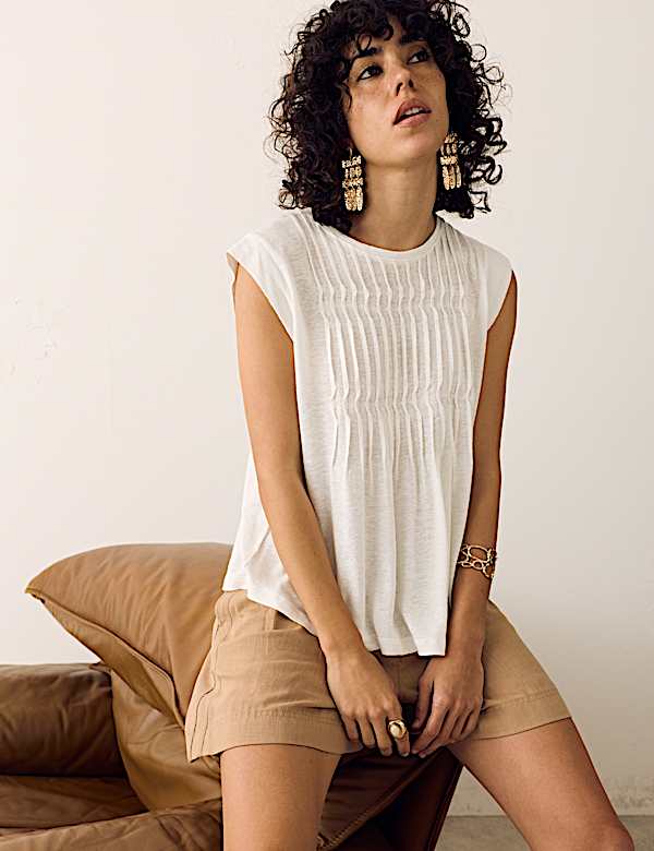 Linen Blend Pleat Yoke Top