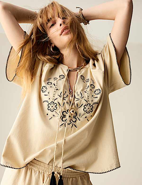 Blouse 100 % coton brodé et encolure à nouer - LU