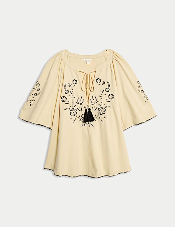 Pure Cotton Embroidered Tie Neck Blouse - UA
