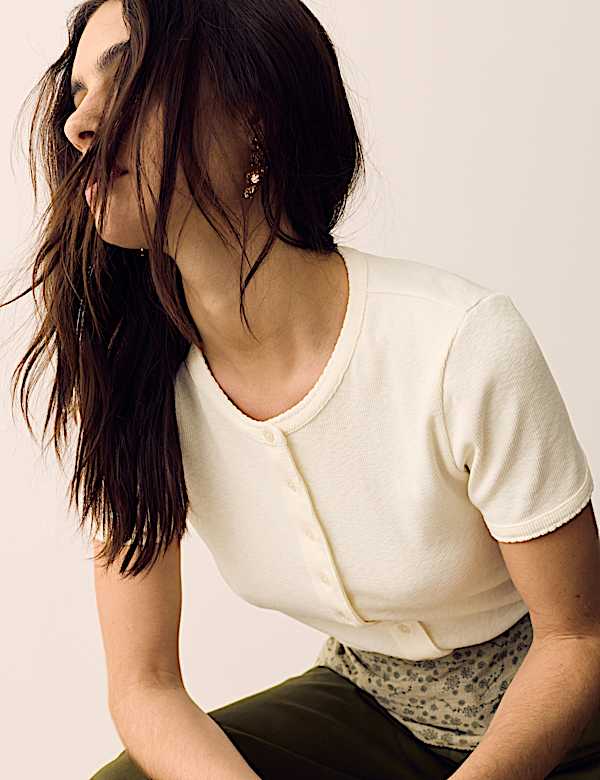 Cotton Rich Ribbed Button Front Top - MV