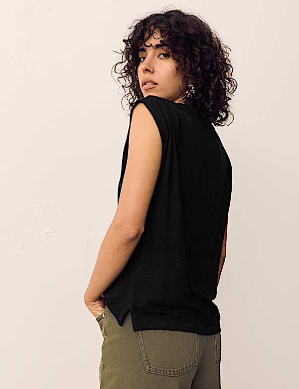 Linen Blend Pleated Shoulder Detail Muscle Top - BE