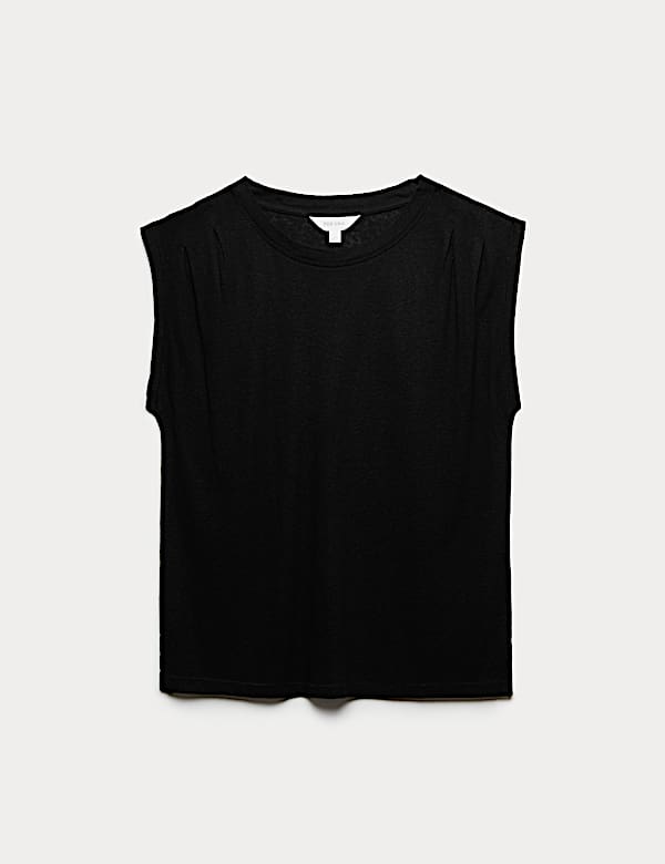 Linen Blend Pleated Shoulder Detail Muscle Top - BE