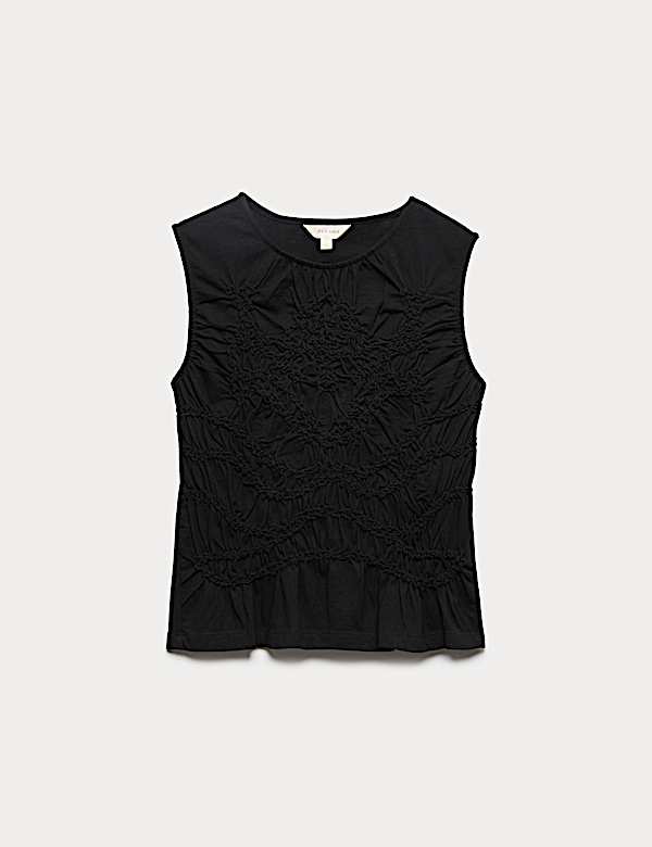 חולצה מכותנה טהורה עם צווארון עגול וכיווצים מקדימה - IL