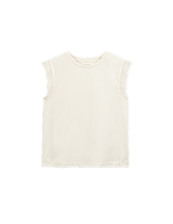 Cotton Rich Lace Trim Tank Top With Linen