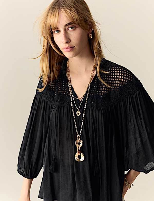 Cotton Rich Tie Front Blouse - IL