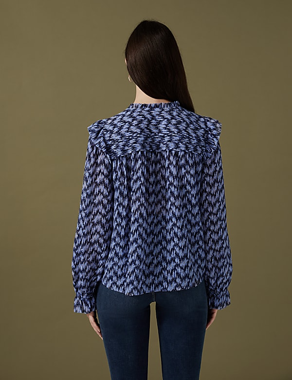 Floral Tie Neck Pintuck Ruffle Blouse