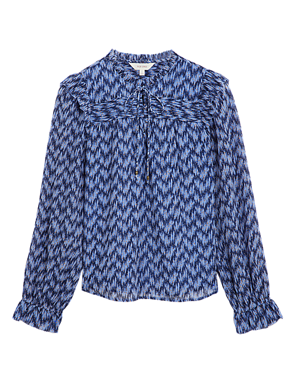 Floral Tie Neck Pintuck Ruffle Blouse
