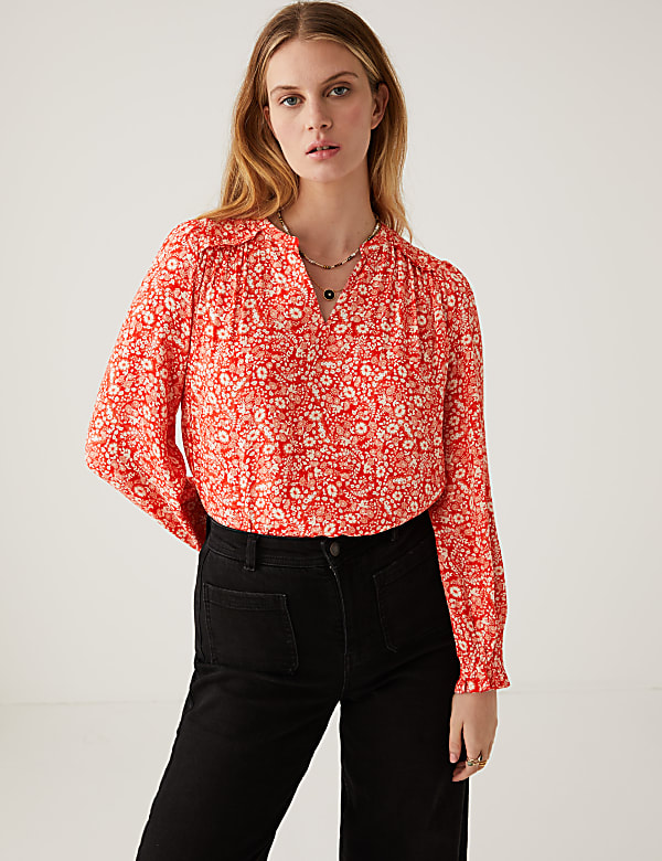 Floral Notch Neck Popover Blouse