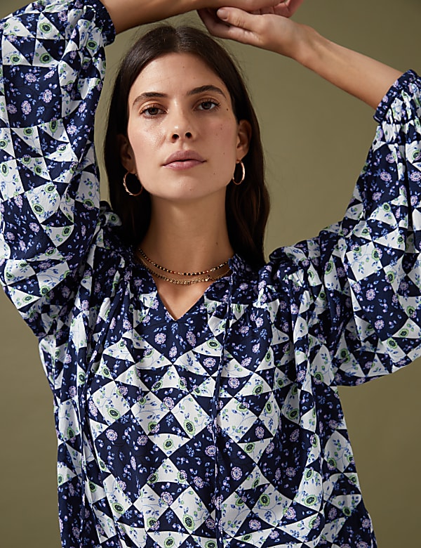 Geometric Tie Neck Puff Sleeve Blouse