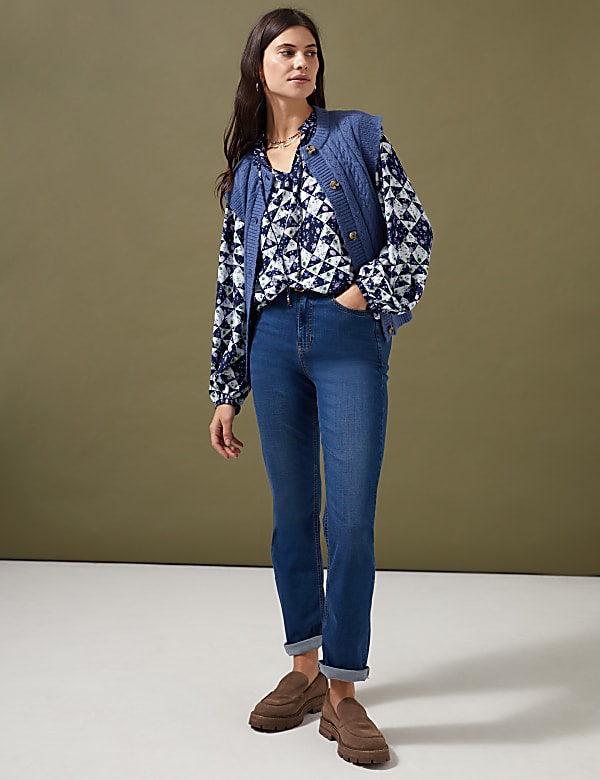 Geometric Tie Neck Puff Sleeve Blouse
