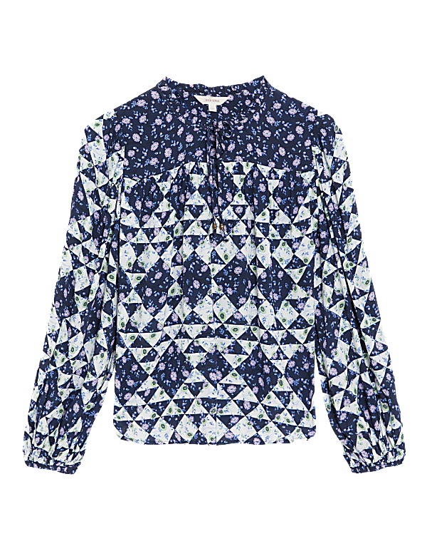 Geometric Tie Neck Puff Sleeve Blouse