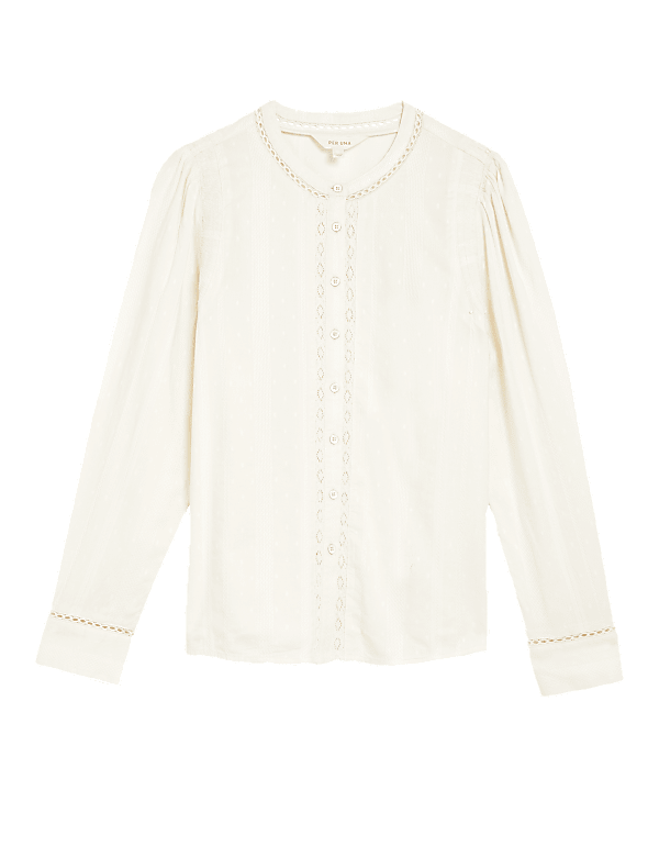 Cotton Blend Textured Lace Insert Blouse