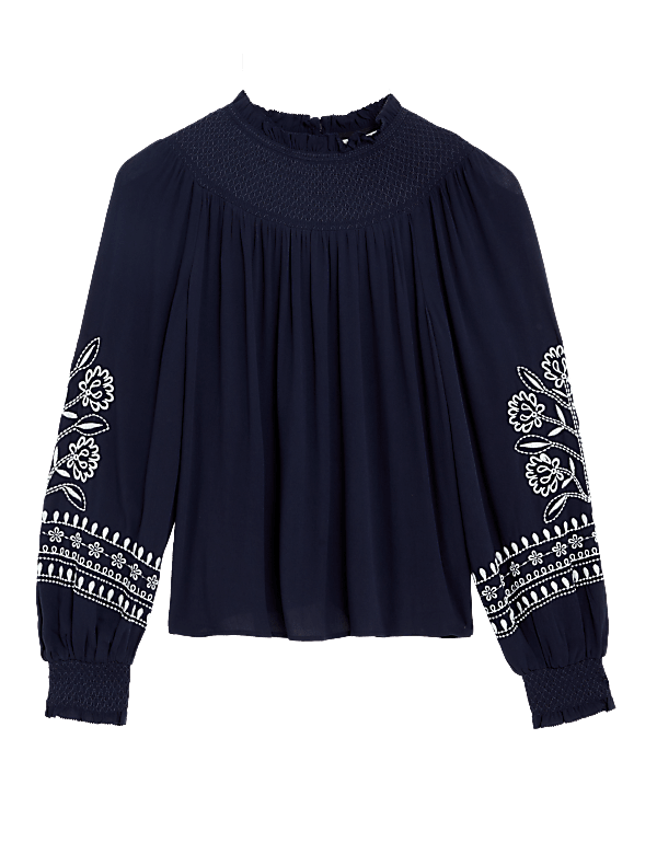 Embroidered Funnel Neck Blouse