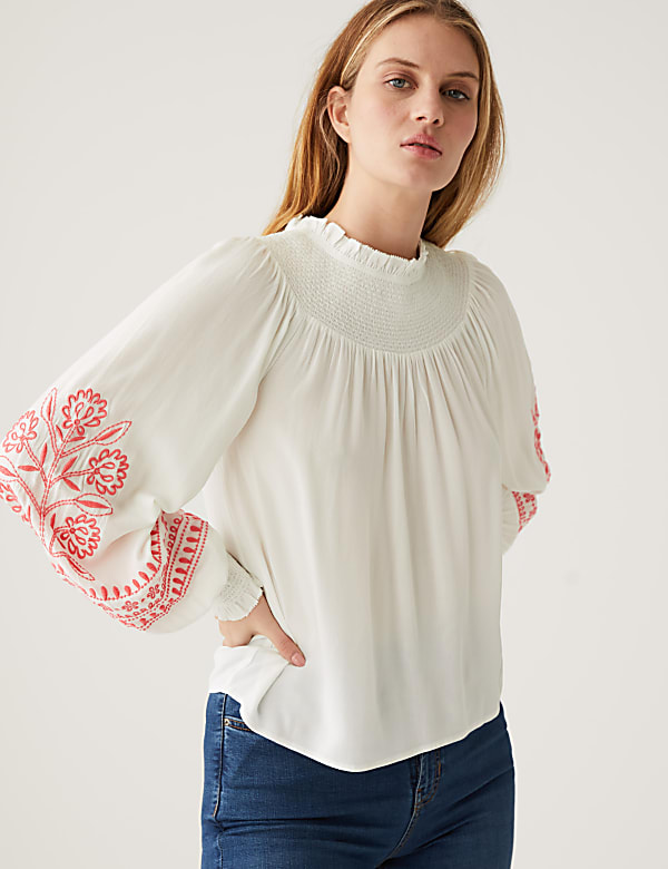 Embroidered Funnel Neck Blouse