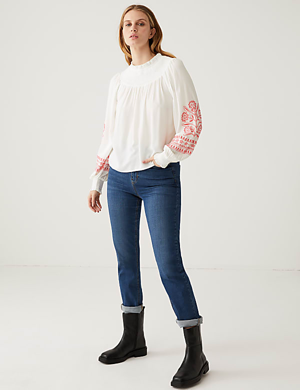 Embroidered Funnel Neck Blouse