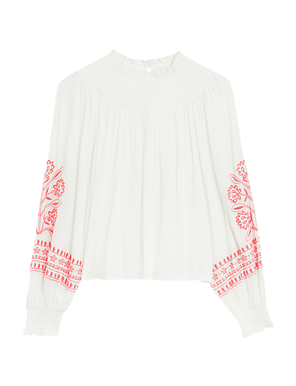 Embroidered Funnel Neck Blouse