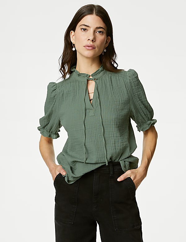 Pure Cotton Textured Notch Neck Blouse