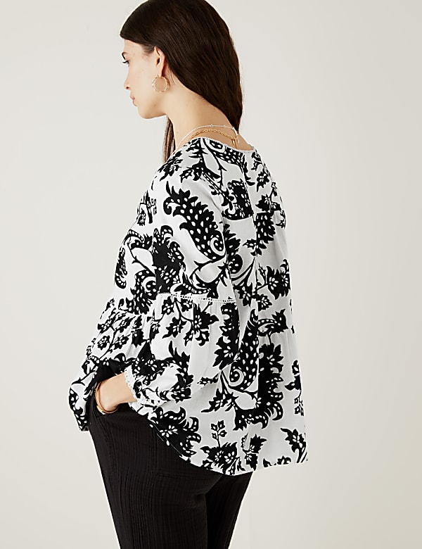 Linen Rich Floral V-Neck Blouse