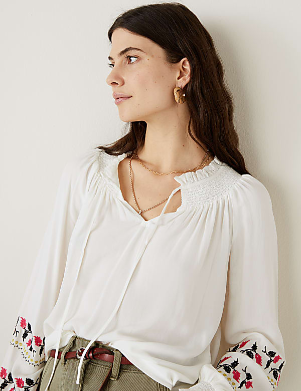 Embroidered Tie Neck Blouse