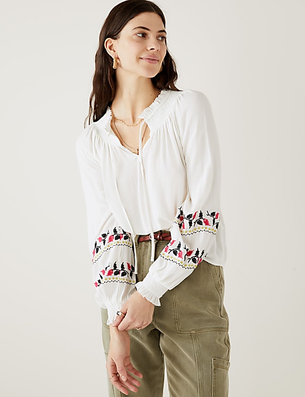 Embroidered Tie Neck Blouse