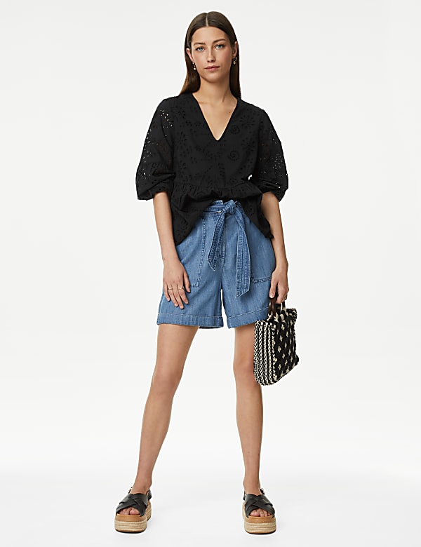 Pure Cotton Broderie V-Neck Blouse