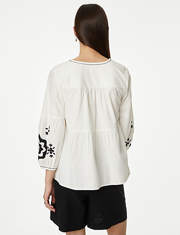 Pure Cotton Embroidered V-Neck Blouse
