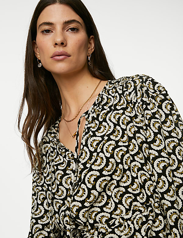 Printed Shirred Tie Neck Blouse