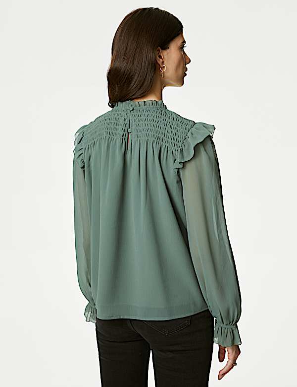 Shirred High Neck Frill Detail Blouse