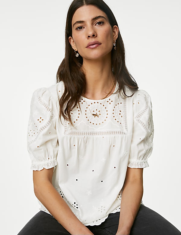 Pure Cotton Broderie Puff Sleeve Blouse