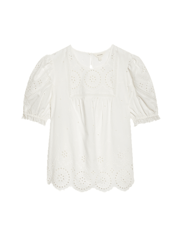 Pure Cotton Broderie Puff Sleeve Blouse