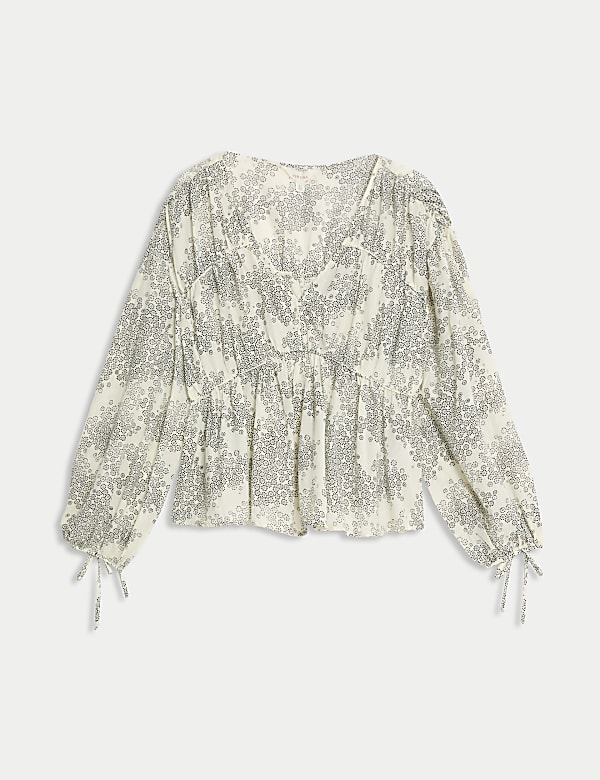 Katoenrijke blouse met V-hals, naaddetail en print - NL