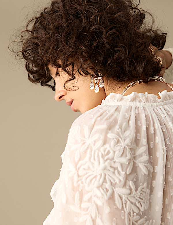 Textured Tie Neck Ruffle Puff Sleeve Blouse - AT