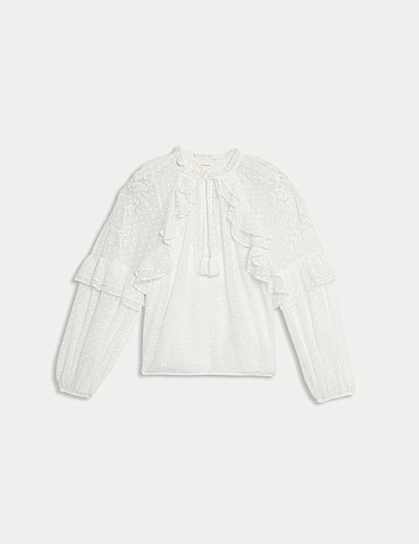 Textured Tie Neck Ruffle Puff Sleeve Blouse - AT