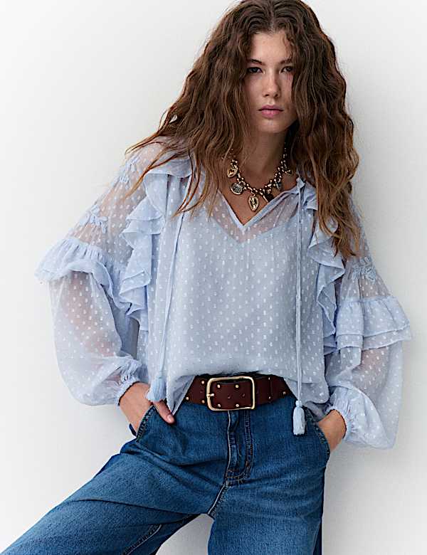 Textured Tie Neck Ruffle Puff Sleeve Blouse - SE