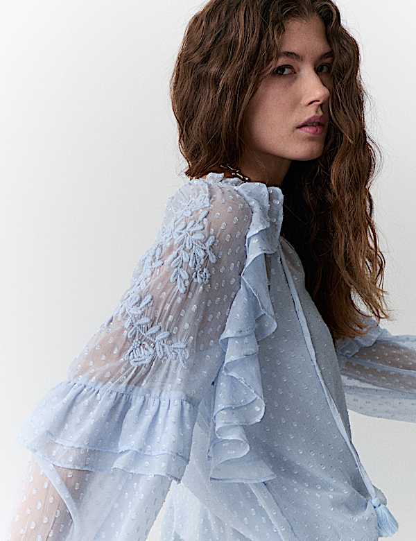 Textured Tie Neck Ruffle Puff Sleeve Blouse - SK