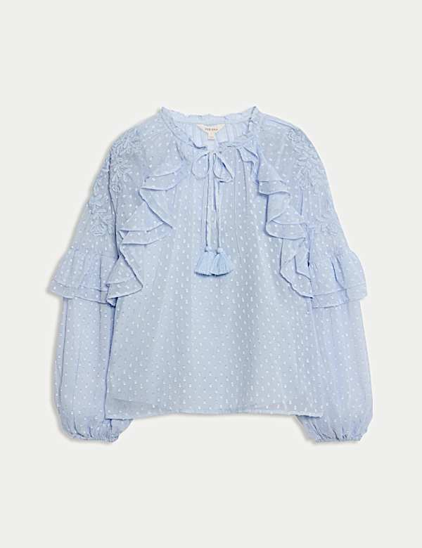 Textured Tie Neck Ruffle Puff Sleeve Blouse - NO