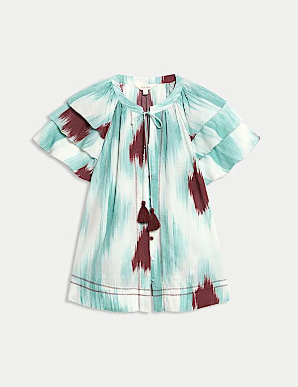Cotton Rich Printed Tie Neck Frill Detail Top