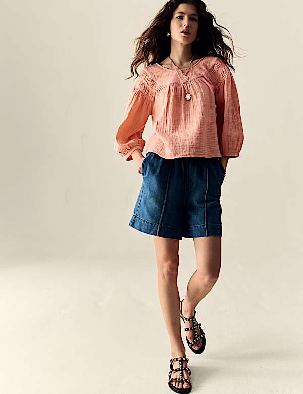 Pure Cotton Blouson Sleeve Popover Blouse - CN