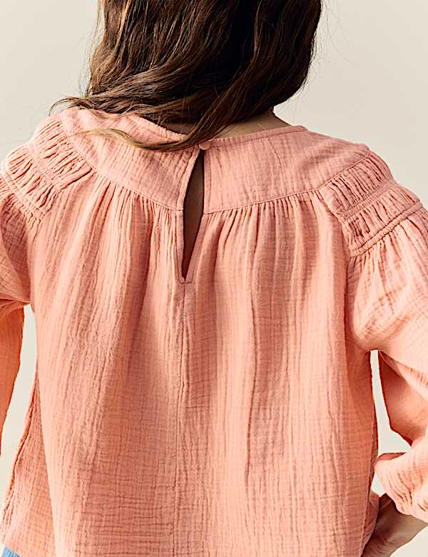 Pure Cotton Blouson Sleeve Popover Blouse - CN