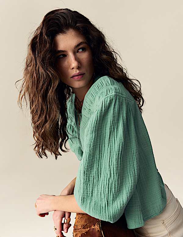 Pure Cotton Blouson Sleeve Popover Blouse - VN