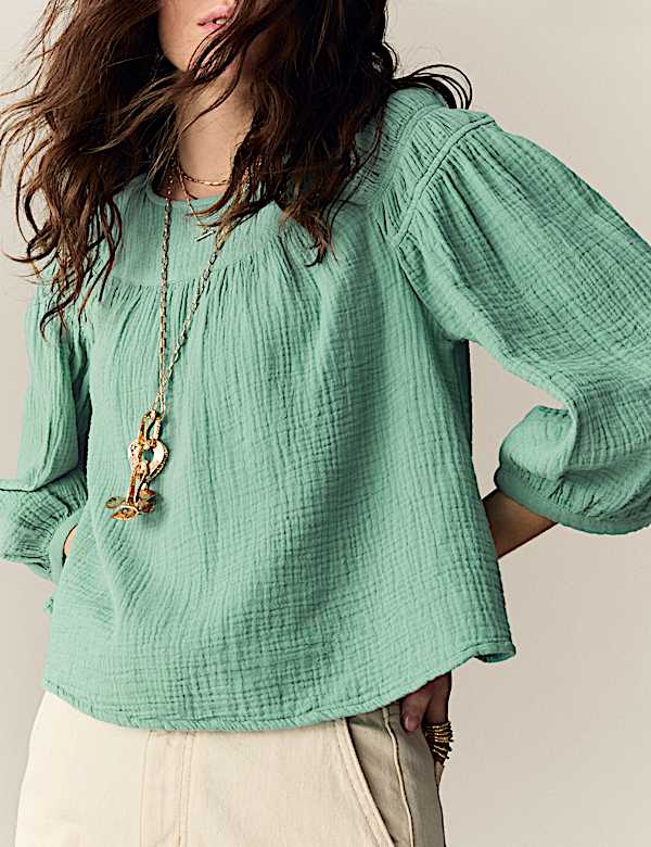 Pure Cotton Blouson Sleeve Popover Blouse