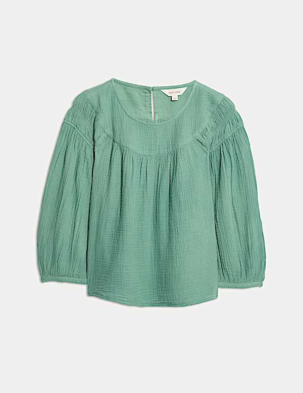 Pure Cotton Blouson Sleeve Popover Blouse - NZ