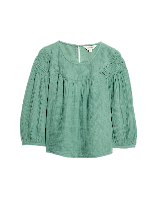 Pure Cotton Blouson Sleeve Popover Blouse