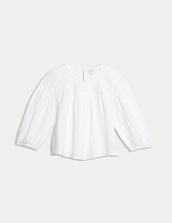 Blus Popover Katun Murni Lengan Blouson - ID