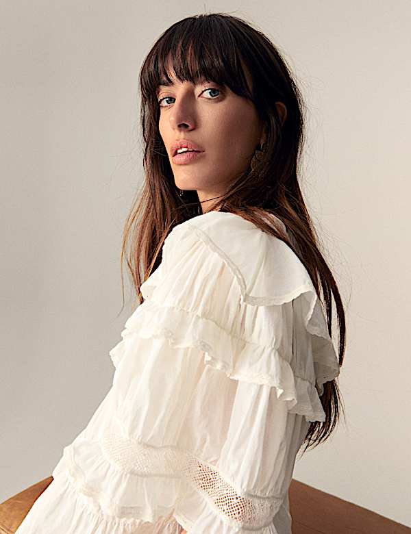 חולצה אלגנטית מכותנה טהורה עם צווארון עגול ומלמלה - IL