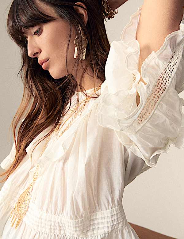 חולצה אלגנטית מכותנה טהורה עם צווארון עגול ומלמלה - IL